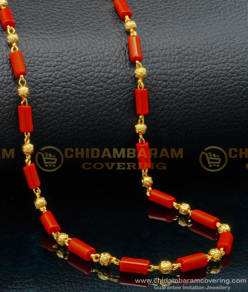 CHN226 - Traditional One Gram Gold Daily Use Red Coral Beads Chain for Ladies 