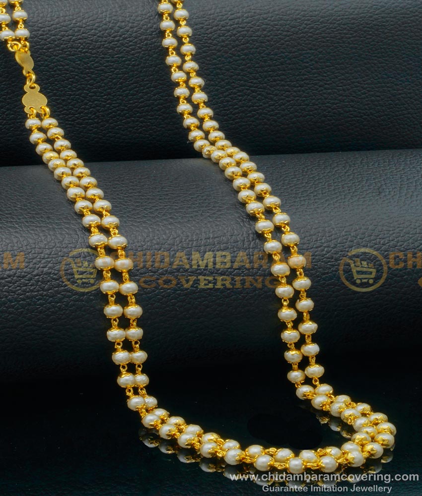 CHN228 - Pure Gold Plated Gold Designs Pearl With Gold Beads Double Line Chain Buy Online