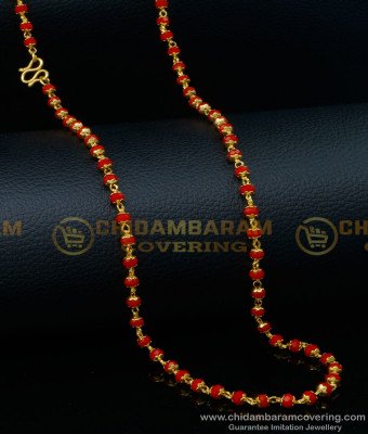 CHN253 - Trendy Red Beads Chain One Gram Gold Plated Light Weight Red Crystal Chain Designs