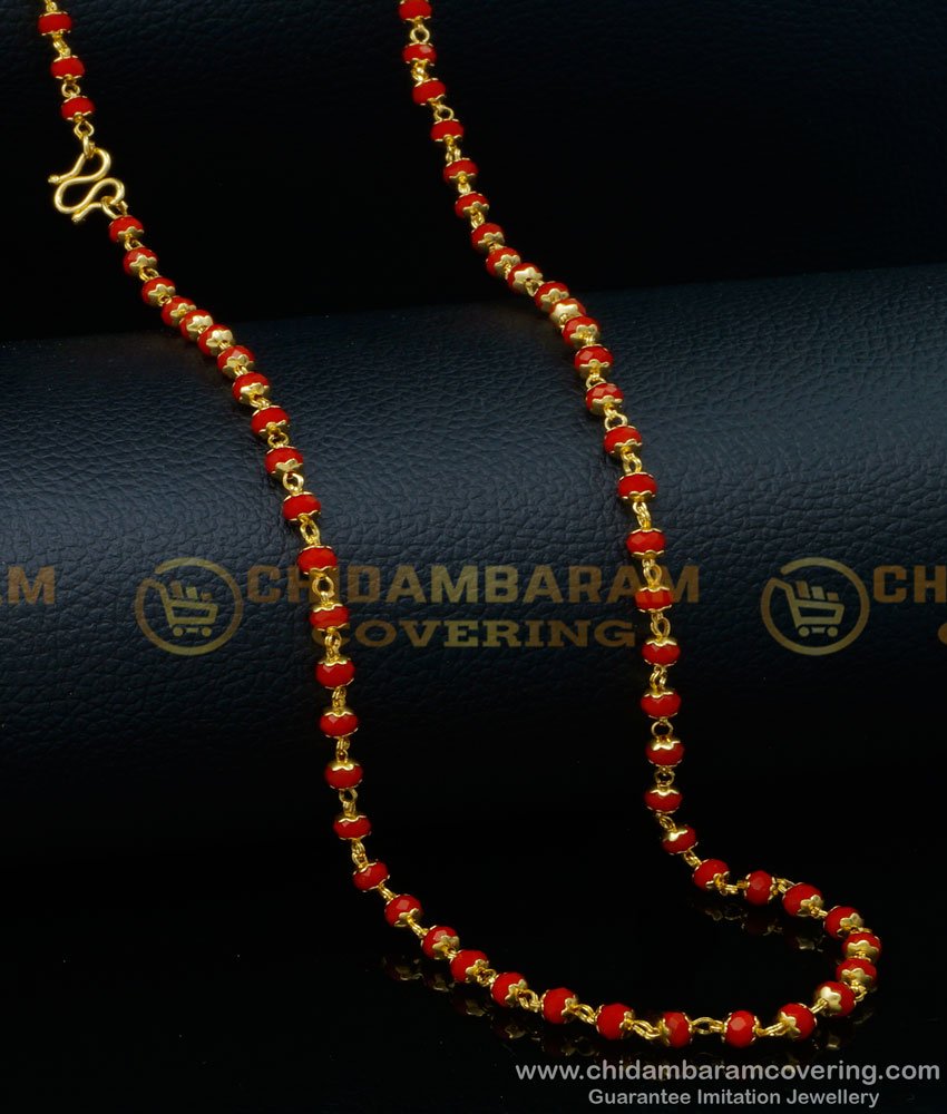 CHN253 - Trendy Red Beads Chain One Gram Gold Plated Light Weight Red Crystal Chain Designs