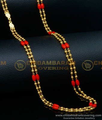 CHN255 - Traditional Gold Design Red Coral Two Line Chain Gold Pavazham Chain Buy Online