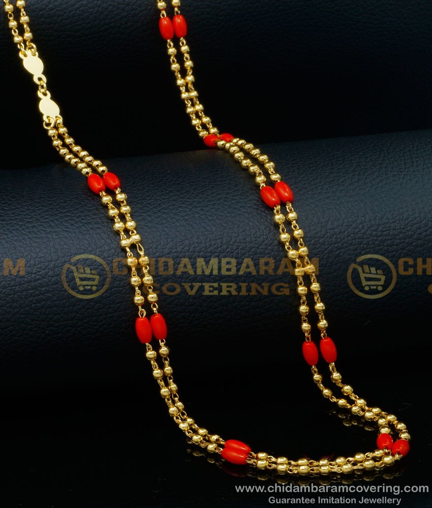 CHN255 - Traditional Gold Design Red Coral Two Line Chain Gold Pavazham Chain Buy Online