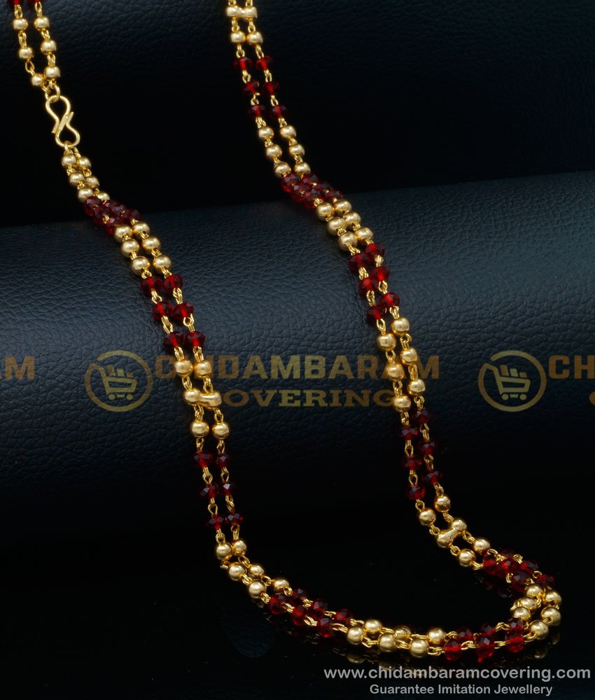 CHN256 - Gold Plated Double Line Gold Beads and Crystal Mani Chain for Women 
