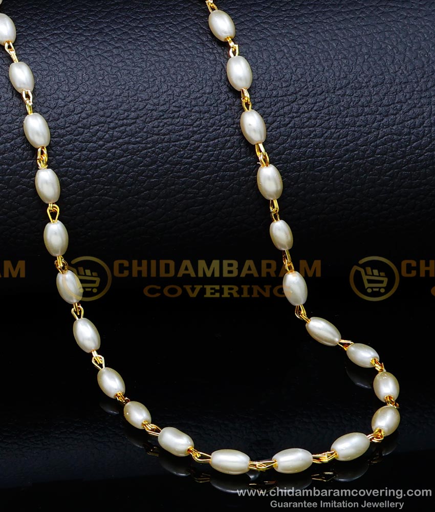 CHN276 - Beautiful Long White Pearl Chain Designs for Ladies