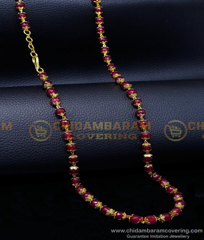 CHN309 - Attractive Daily Use Long Red Crystal Chain Gold Design