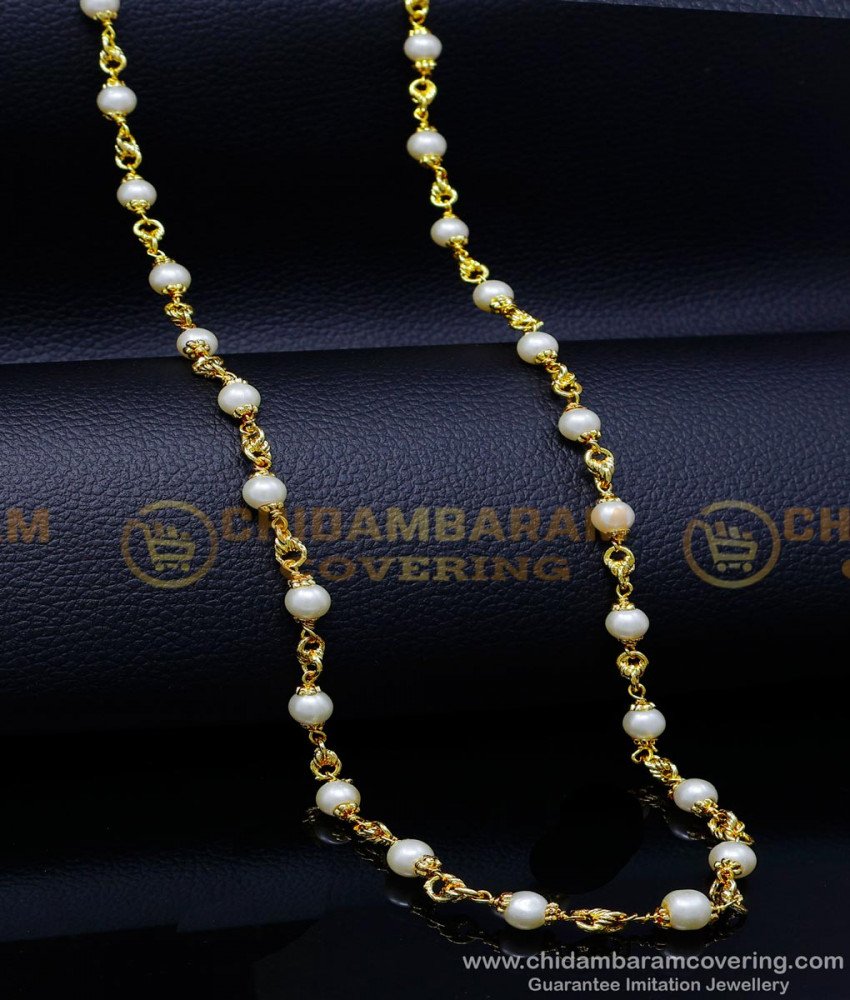 CHN311 - 1 Gram Gold Plated White Pearl Long Chain for Ladies
