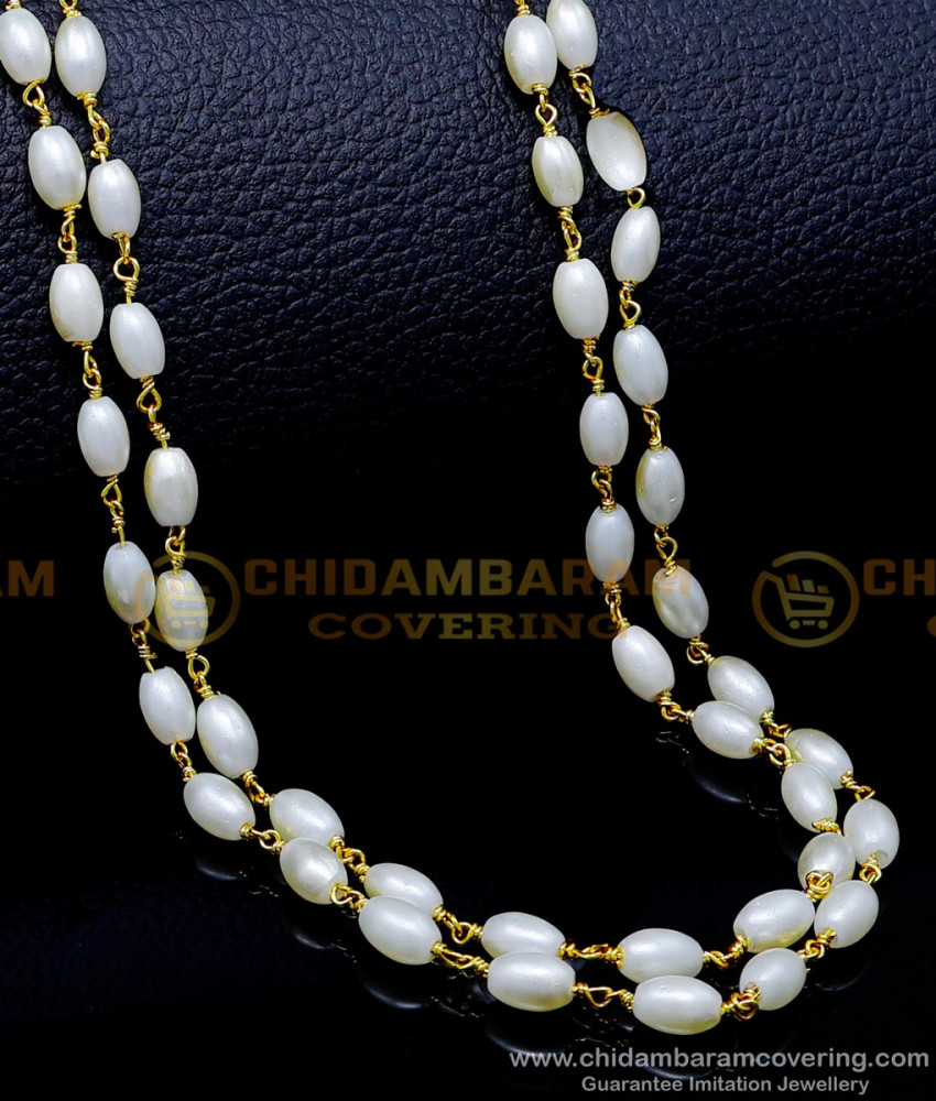 CHN312 - Elegant Double Line White Pearl Long Chain Design Online