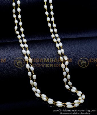 CHN312 - Elegant Double Line White Pearl Long Chain Design Online
