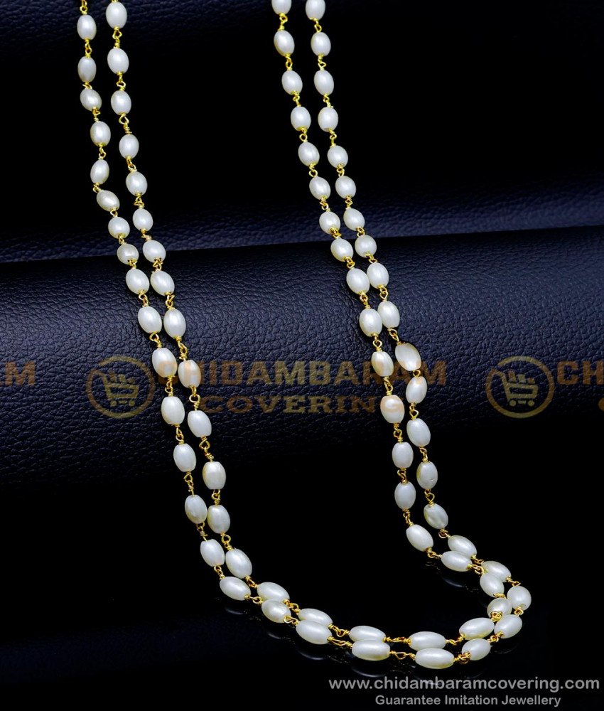 CHN312 - Elegant Double Line White Pearl Long Chain Design Online