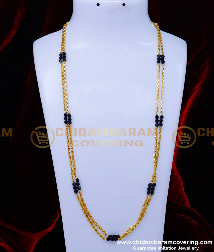 CHN316 - Black Crystal Chain Long Mangalsutra Designs Gold Model