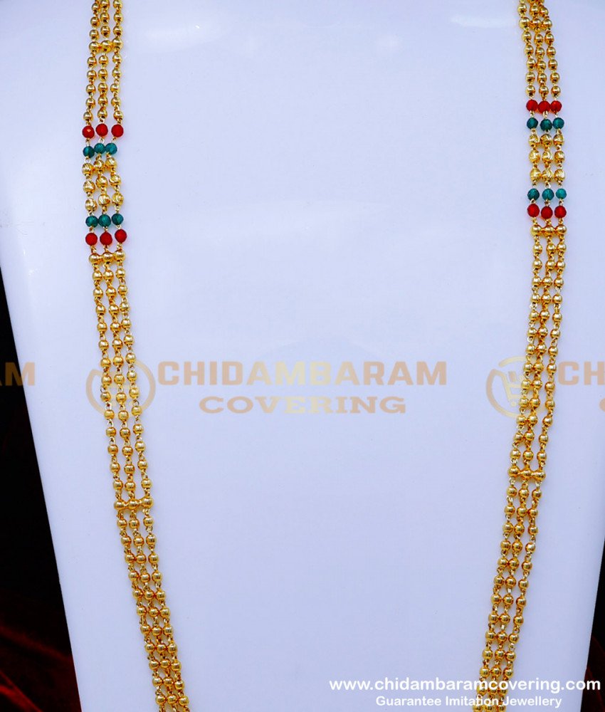 CHN320 - Latest 3 Line Crystal With Gold Beads Chain Designs