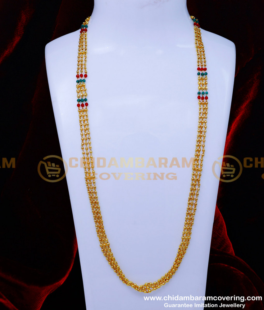 CHN320 - Latest 3 Line Crystal With Gold Beads Chain Designs