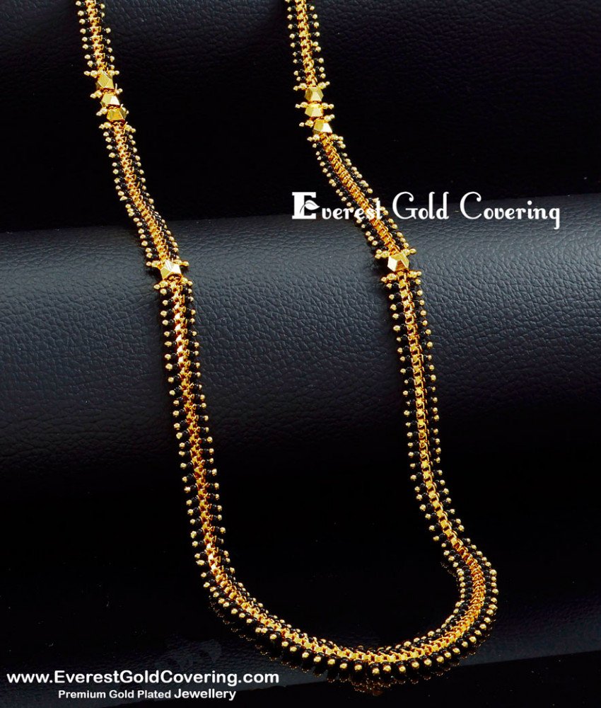 CHN345 - 1 Gram Gold Plated Black Beads Mangalsutra Gold Chain
