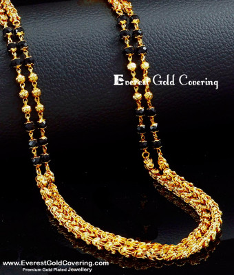 CHN347 -LG - 30 Inches Black Beads Double Line Chain Mangalya Design