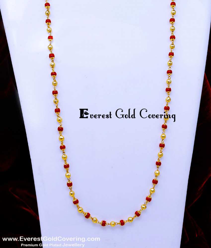 CHN385 - 1 Gram Gold Plated Coral Beads with Gold Beads Long Chain