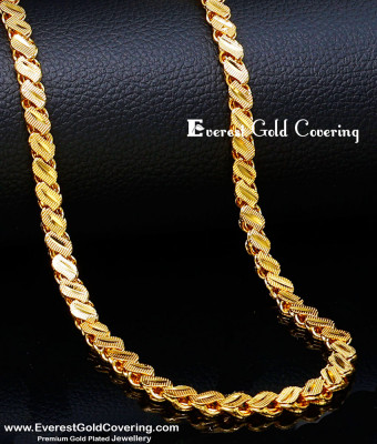 CHN394-LG - 30 Inches Long Leaf Design 24k Gold Plated Chain for Women