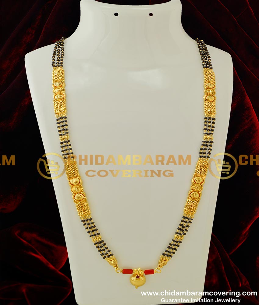THN32 - Traditional Long Wati Mangalsutra With Red Coral Black Beads Karishma Chain for Women