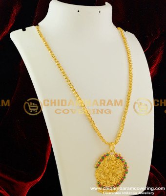 DCHN026 – Attractive Fancy Ruby and Emerald Stone Pendant with Hanging Golden Beads and Beautiful Chain