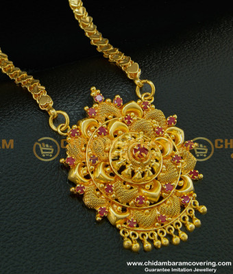 DCHN084 - Pure Gold Plated Gold Ruby Stone Flower Design Pendant Chain Online