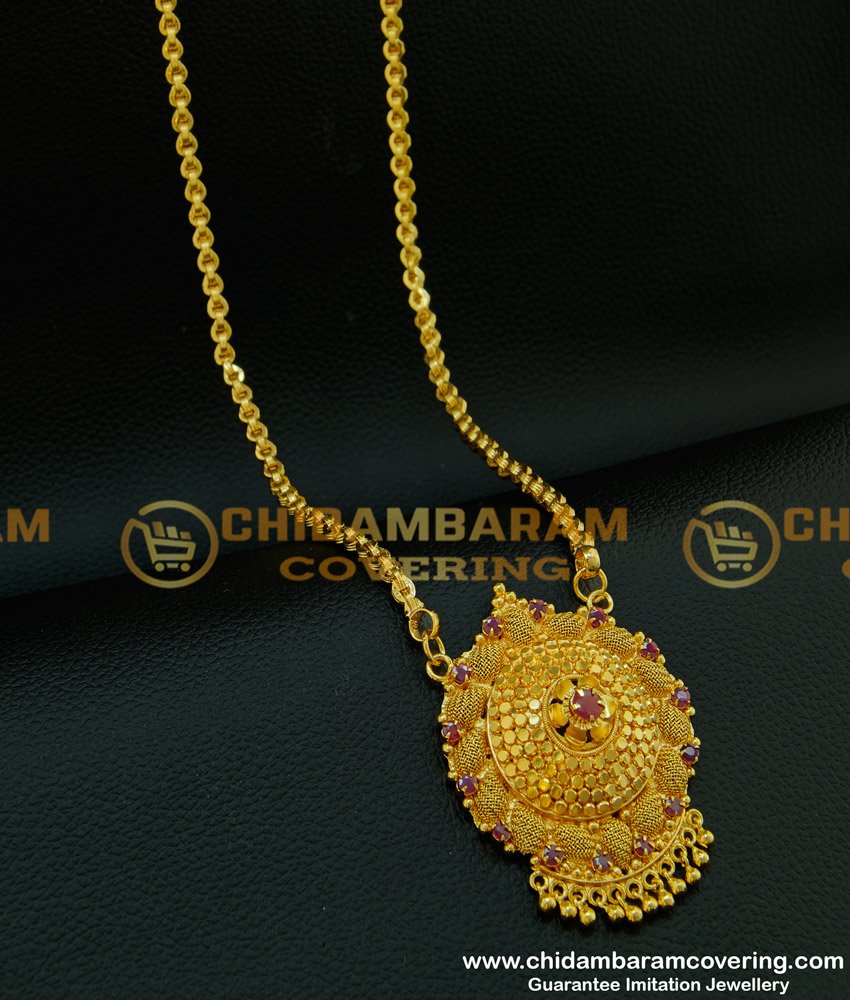 DCHN092 - One Gram Gold Daily Wear Flower Design Ruby Stone Big Dollar Chain for Women 