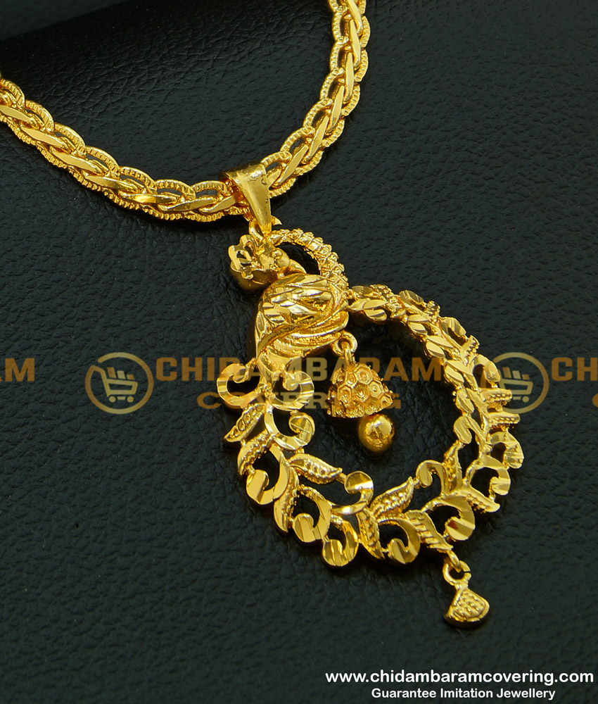 DCHN098 - Unique Peacock Design Party Wear Plain Gold Pendant Design with Long Chain Buy Online
