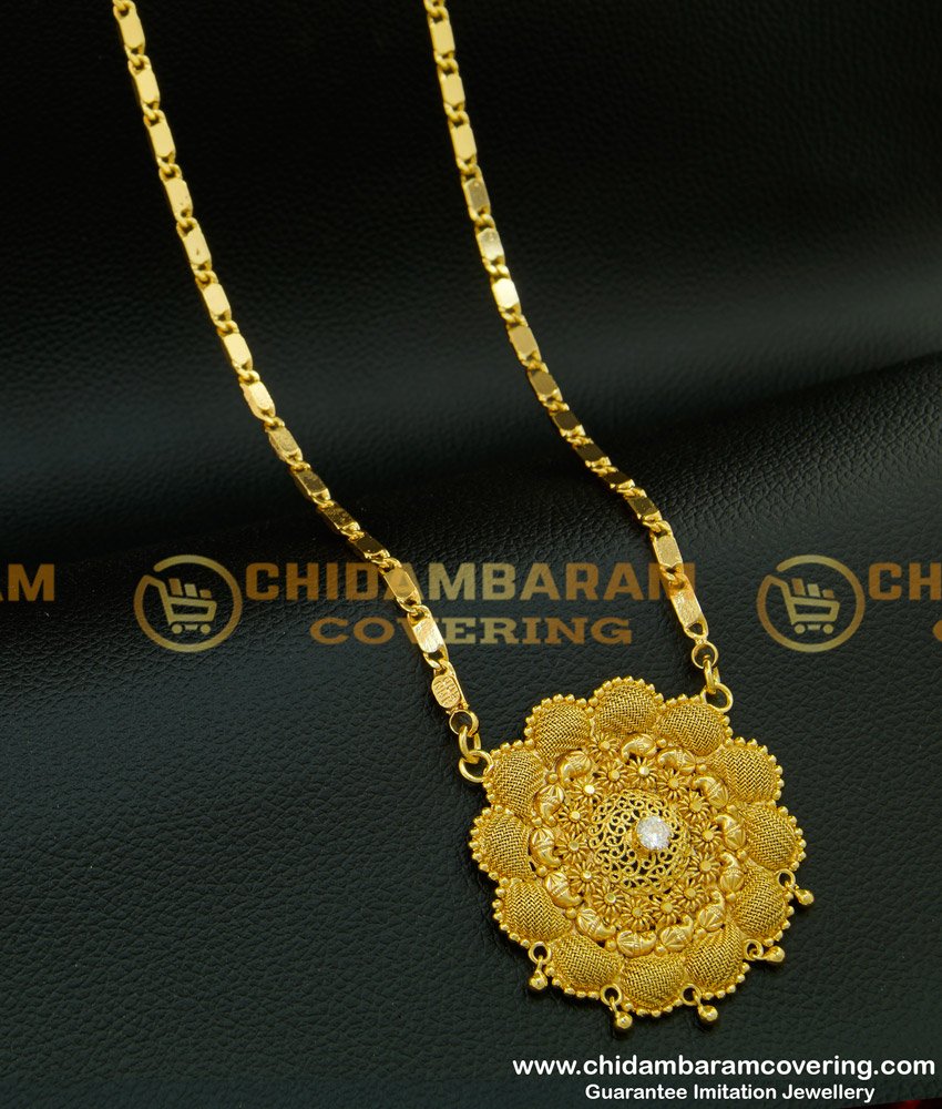 DCHN101 - One Gram Gold Plated White Stone Dollar With 24 Inches Long Chain Designs