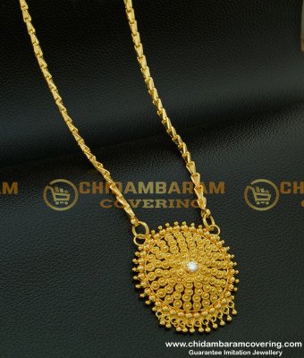 DCHN102 - Kerala Gold Design White Stone Gold Plated Big Dollar with Chain for Women