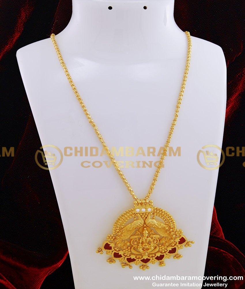 DCHN115 - Latest Red Palakka Pendant Hand Work Peacock and Lakshmi Palakka Dollar With Long Chain Online