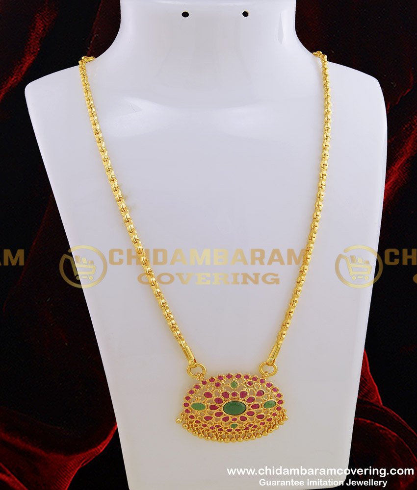 DCHN116 - New Party One Gram Gold Plated Kemp Stone Designer Pendant Design with Long Chain for Female