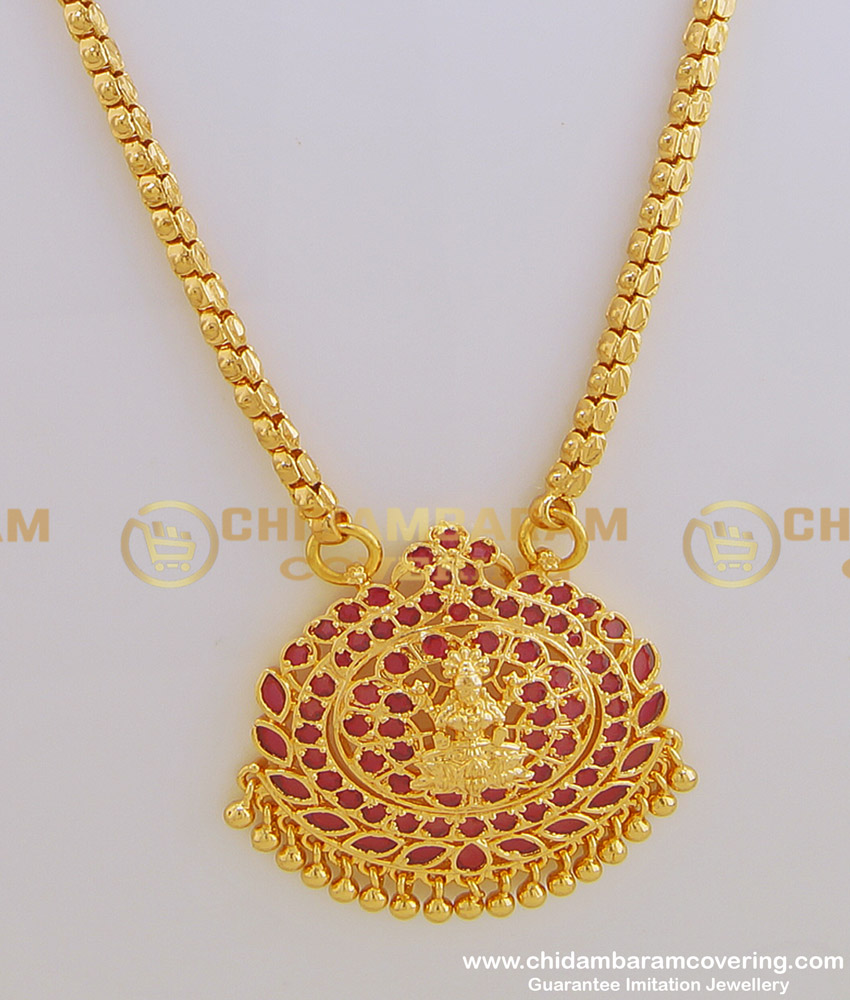 DCHN118 - New Arrival Gold Lakshmi Pink Stone Pendant Design With 24 Inches Box Chain for Ladies