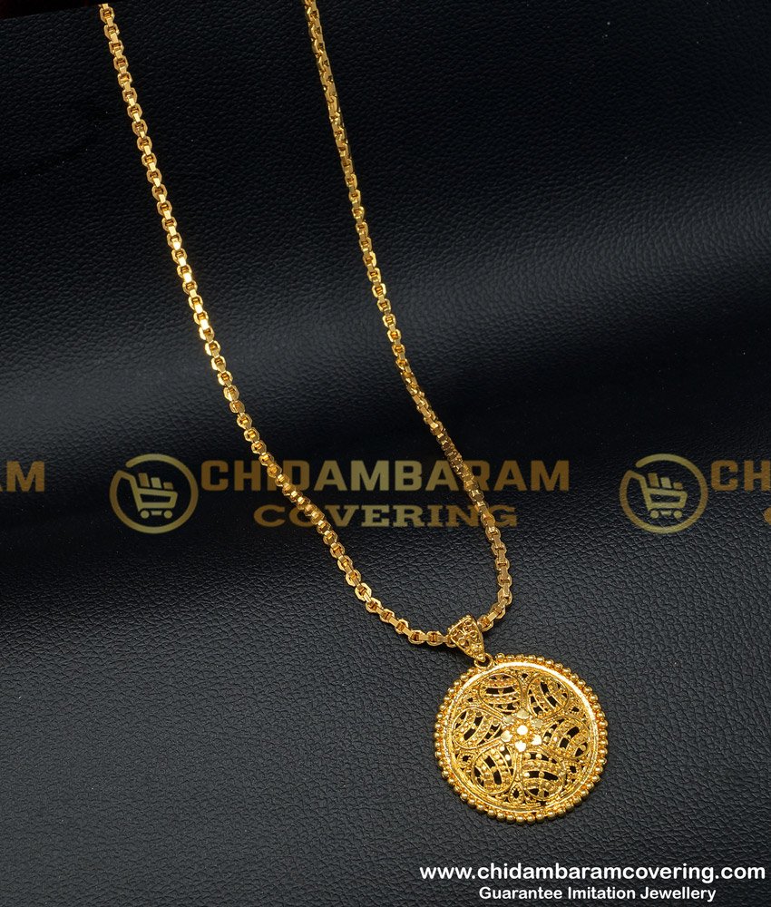 DCHN121 - 1 Gram Gold Daily Wear Guaranteed Round Shape Flower Design Dollar with Chain Buy Online 