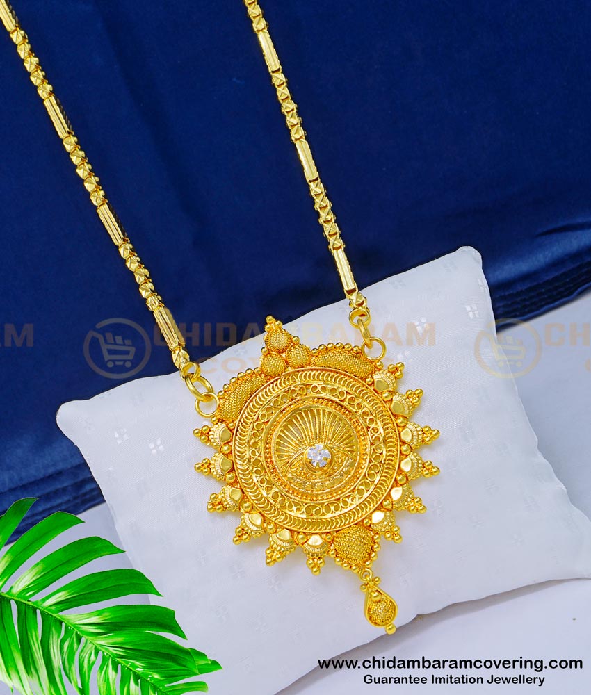 DCHN141 - Gold Design White Stone Big Round Locket Chain for Women 1 Gram Jewelry