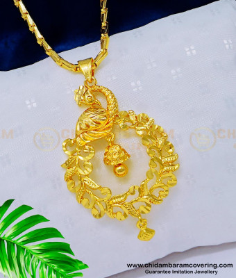 DCHN143 - Unique Peacock Design Party Wear Plain Gold Pendant Design With 24 Inches Chain 