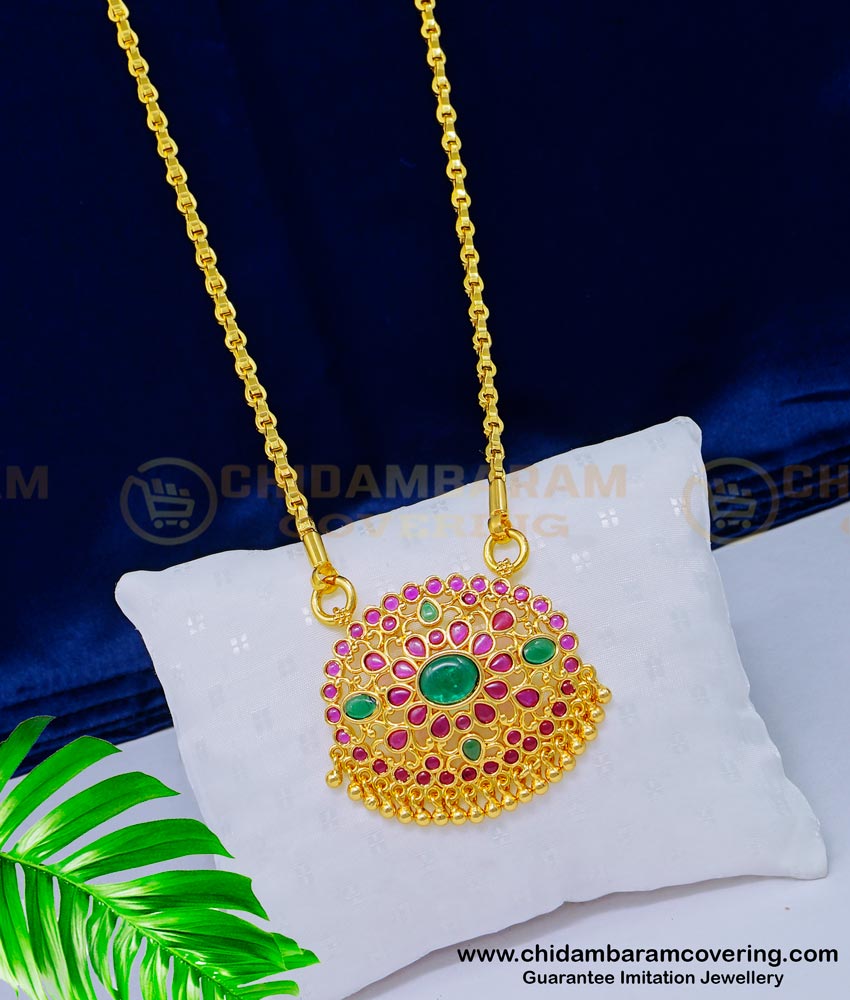 DCHN148 - New model One Gram Gold Plated Kemp Stone Designer Pendant Design with Long Chain 