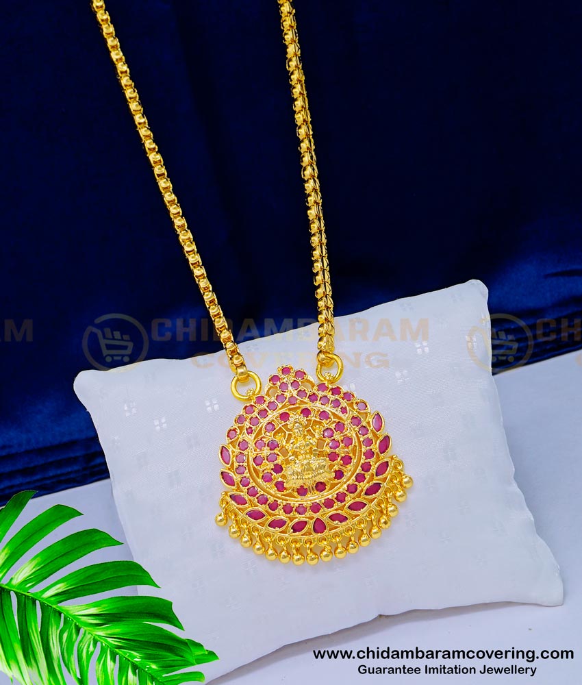 DCHN149 - New Arrival Gold Lakshmi Pink Stone Pendant Design With 24 Inches Box Chain for ladies