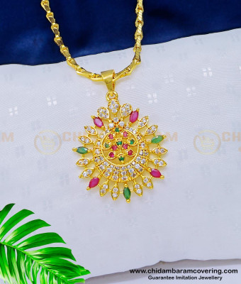 DCHN159 - Latest Full AD Stone Pendant with Chain One Gram Gold Plated Jewellery Online