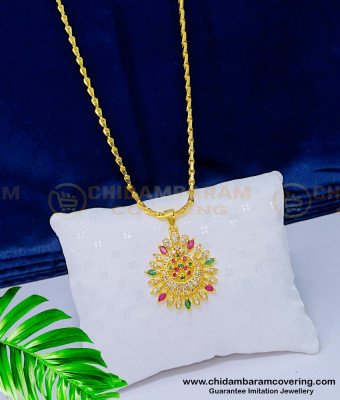 DCHN159 - Latest Full AD Stone Pendant with Chain One Gram Gold Plated Jewellery Online