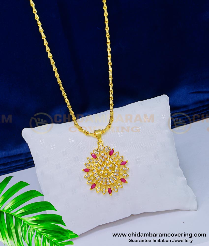 DCHN160 - Elegant Full American Diamond Stone Round Dollar with Chain for Girls