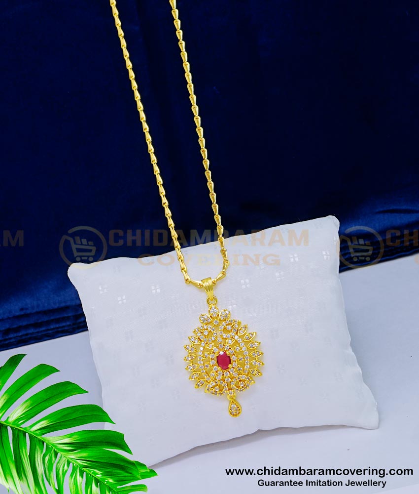 DCHN162 - Unique White and Ruby Stone Pendant Chain Gold Design Buy Online 