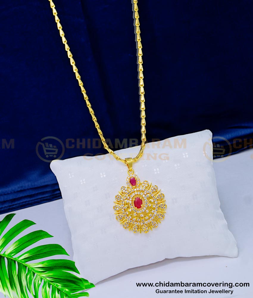 DCHN163 - New Model White and Ruby Stone Round Locket With Chain Online