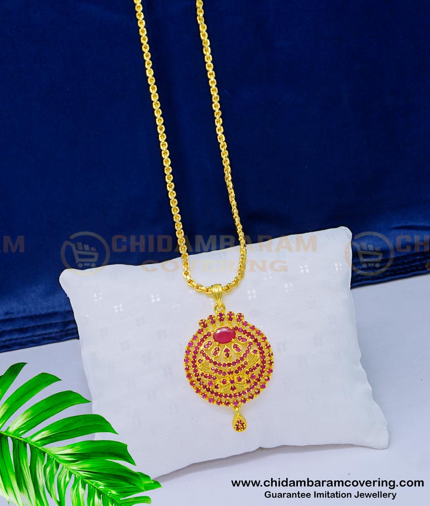 DCHN164 - Attractive Full Ruby Stone Round Shape Gold Covering Dollar Chain Online
