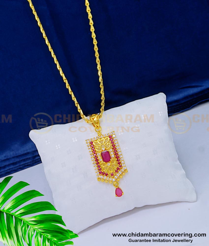 DCHN165 - New Arrival White and Ruby Stone Gold Covering Dollar Chain for Girls