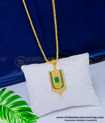 DCHN166 - New Arrival White and Emerald Stone Gold Plated Pendant Chain for Girls