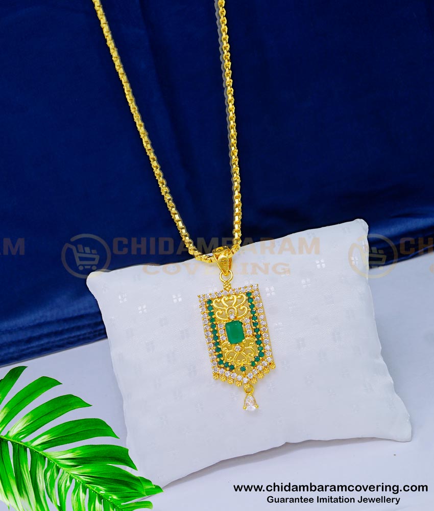 DCHN166 - New Arrival White and Emerald Stone Gold Plated Pendant Chain for Girls