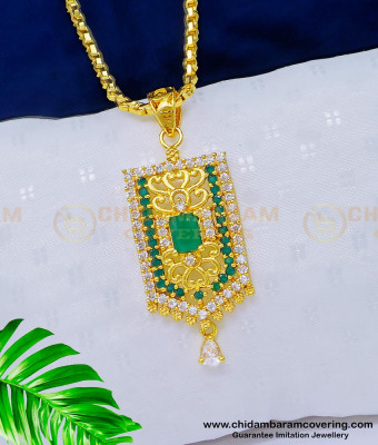 DCHN166 - New Arrival White and Emerald Stone Gold Plated Pendant Chain for Girls