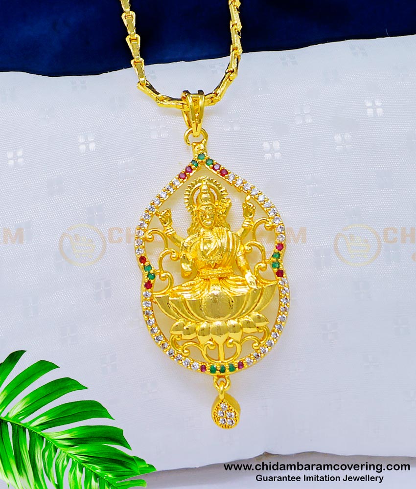 DCHN168 - Latest Gold Stone Lakshmi Pendant Designs with Beautiful 24 Inches Chain Imitation Jewellery