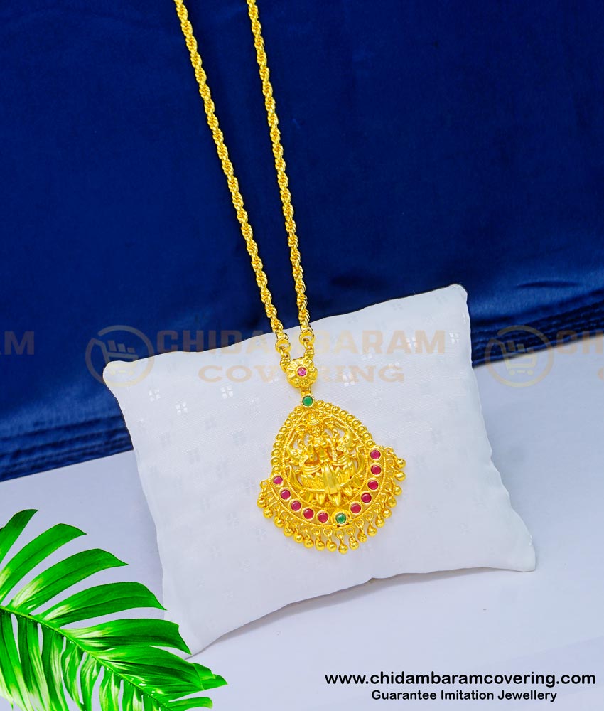 DCHN170 - Gold Design Ruby Emerald Stone Lakshmi Dollar With 24 Inches Chain Online