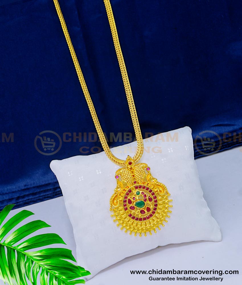 DCHN172 - Elegant Peacock Design Ruby Emerald Stone Pure Gold Plated Dollar Chain Online 
