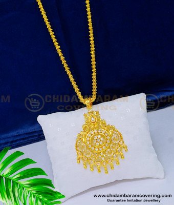 DCHN174 - Latest Collection American Diamond White Stone Pendant with Long Chain Online
