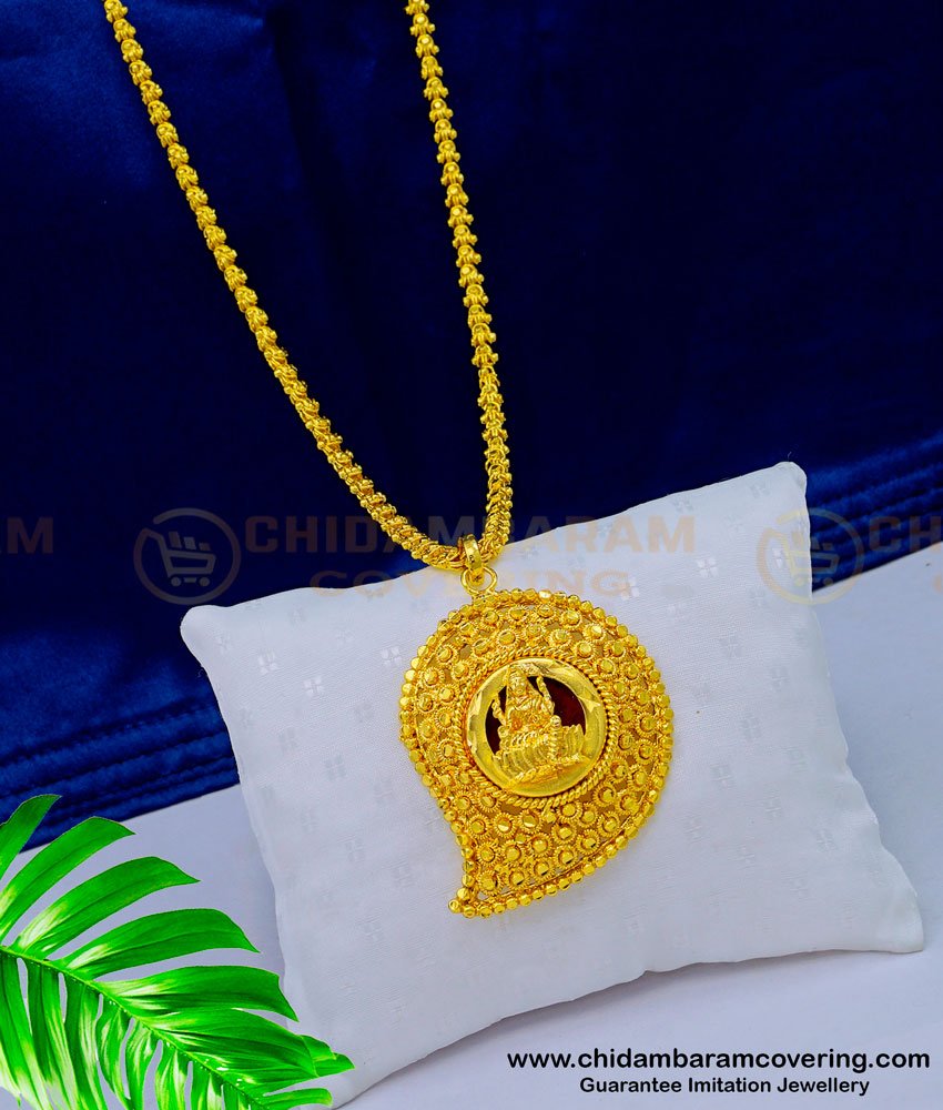 DCHN176 - Beautiful Gold Plated Red Palakka Mango Shape Lakshmi Pendant with Long Chain Online